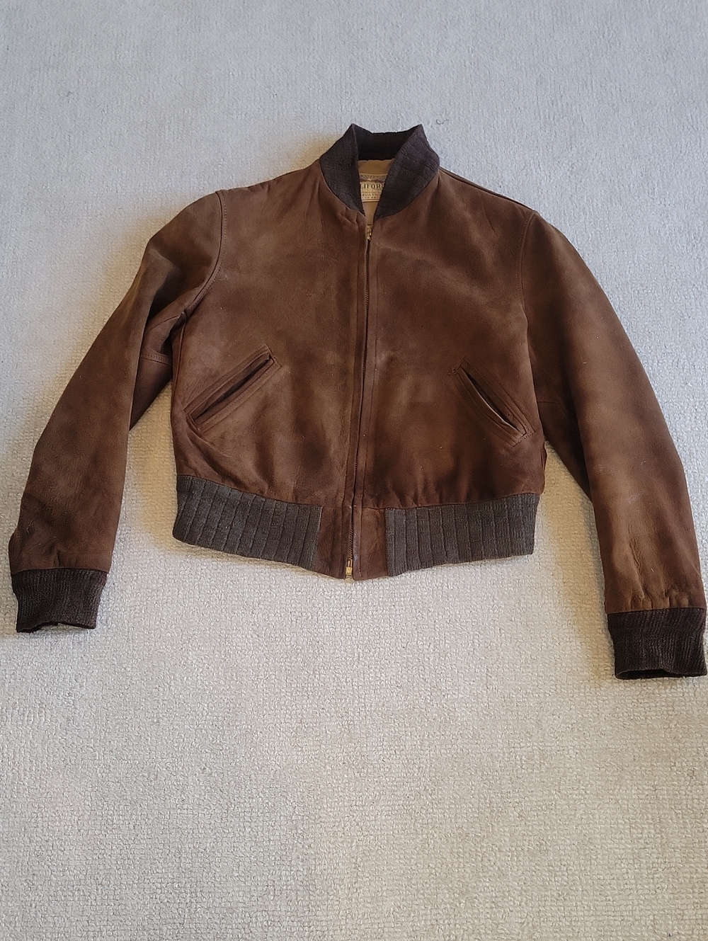 Vintage CALIFORNIAN Brown Suede Bomber Jacket with Ribbed Trim